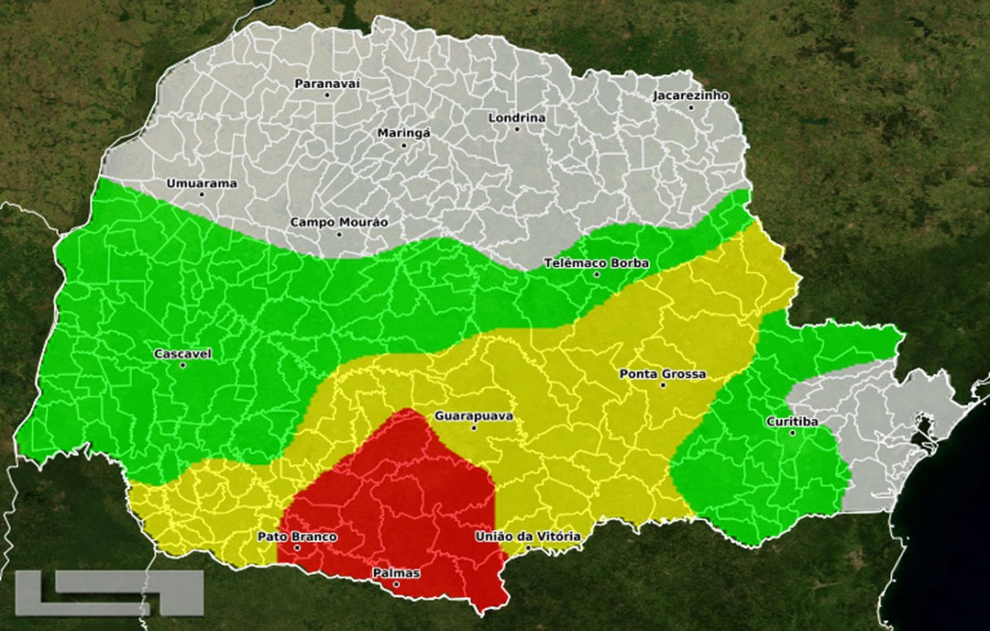 Mapa do Simepar mostra a previsão de geada de intensidade fraca em Curitiba no domingo. Imagem: Simepar.
