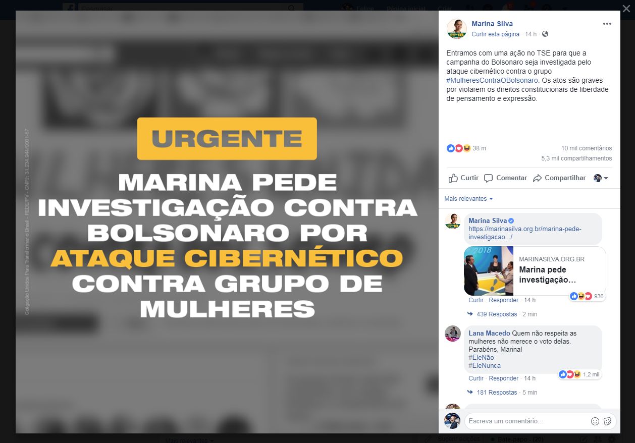 A página da candidata Marina Silva (Rede) no Facebook fala sobre o processo movido por sua coligação contra Jair Bolsonaro (PSL). Foto: Reprodução/Facebook