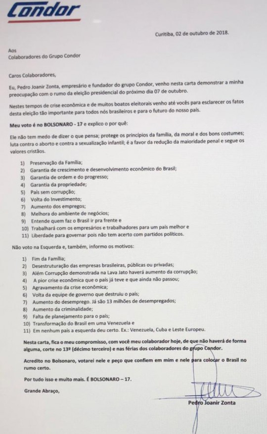 Carta do presidente do Condor a favor de Bolsonaro na íntegra.