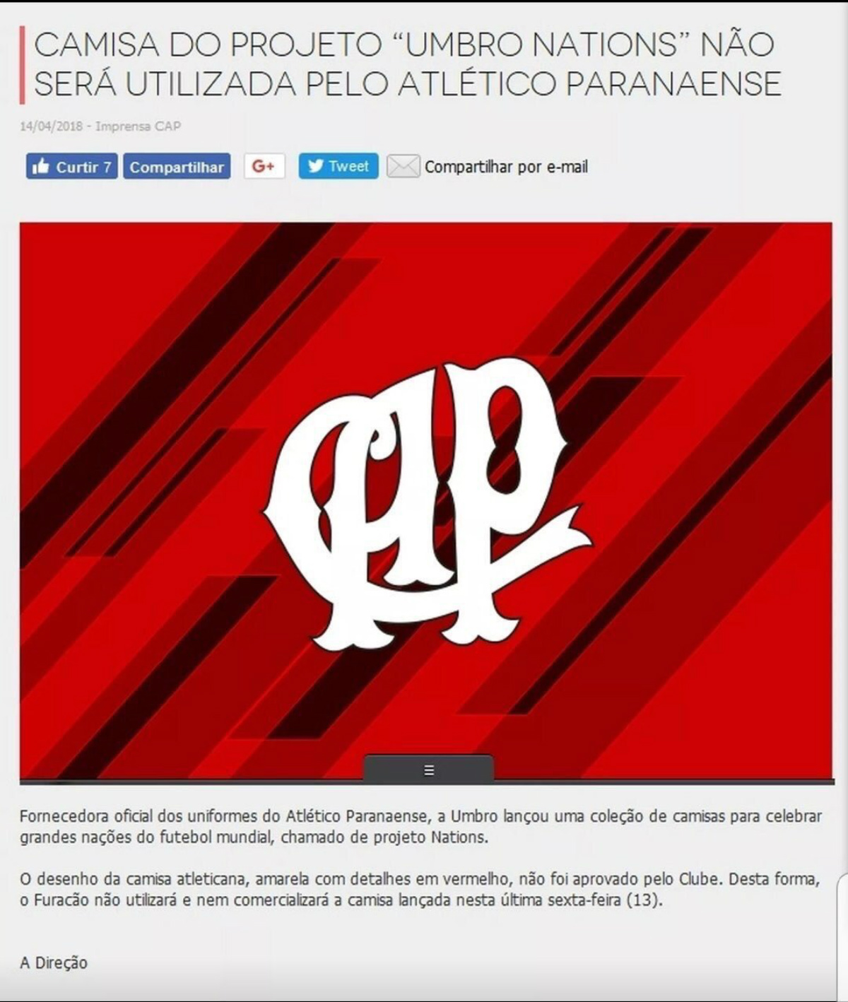 Nota do Atlético criticando uniforme foi apagada do site oficial do clube e das redes sociais. Foto: Reprodução