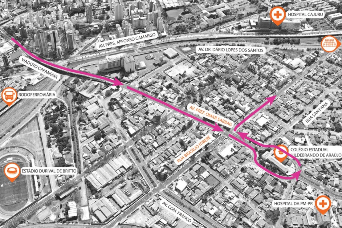 A partir desta terça-feira (6), a conversão à esquerda no cruzamento da Av. Prefeito Omar Sabbag com a Rua Brasílio Itiberê, no bairro Jardim Botânico, será proibida. Foto: Divulgação/SMCS
