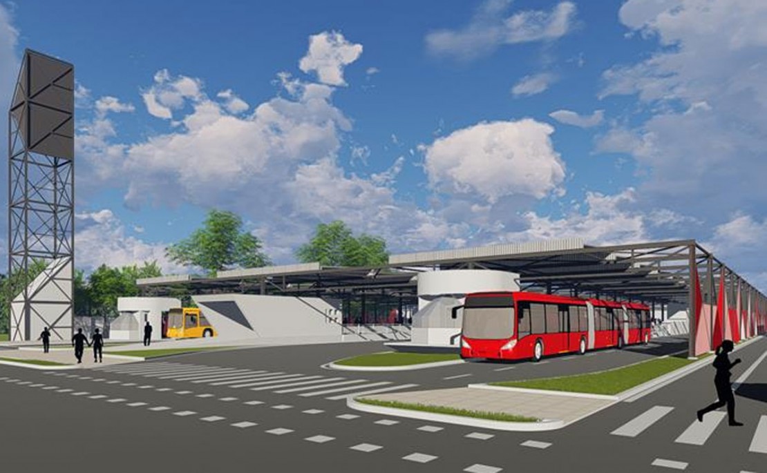 A proposta pro terminal do Hauer é adequar o novo terminal ao perfil do terreno, criando diferentes níveis: térreo, subsolo e um terceiro nível intermediário. Foto: Divulgação/Prefeitura de Curitiba.