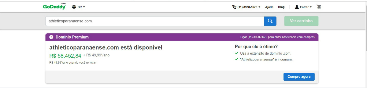 Para ter os 'direitos' do nome .com do Athletico será preciso pagar quase R$ 60 mil. Foto: Reprodução