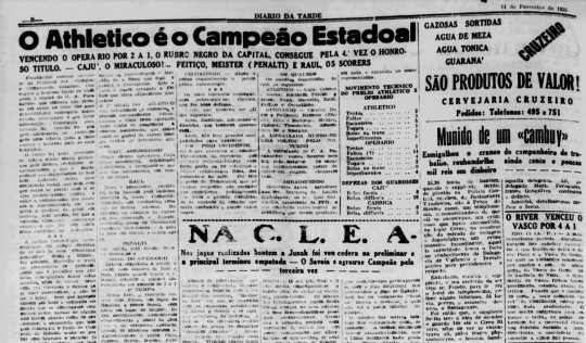 A referência histórica: o Athletico no registro do jornal Diário da Tarde de 11 de fevereiro de 1935. Foto: Reprodução/Biblioteca Nacional