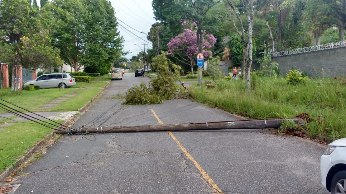 Com a força das chuvas, poste caiu na rua e fez com que a linha Turismo precisasse ser desviada. Foto: Colaboração