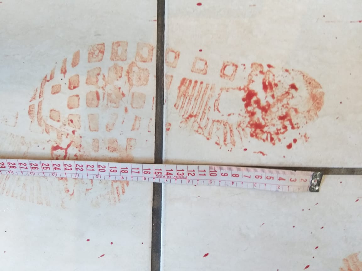 Pegada com rastro de sangue encontrada na casa da vítima. Foto: Divulgação/Polícia Civil