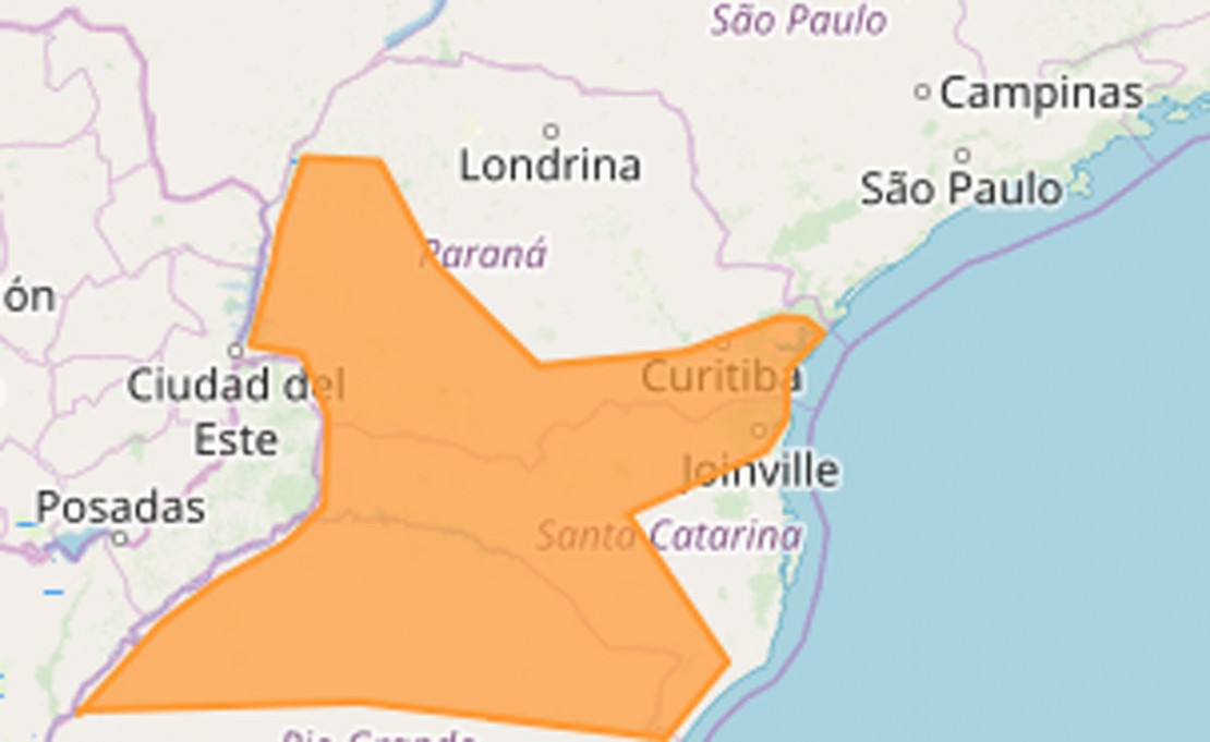 Imagem mostra que o temporal pode atingir Curitiba e outros 187 cidades no Paraná.