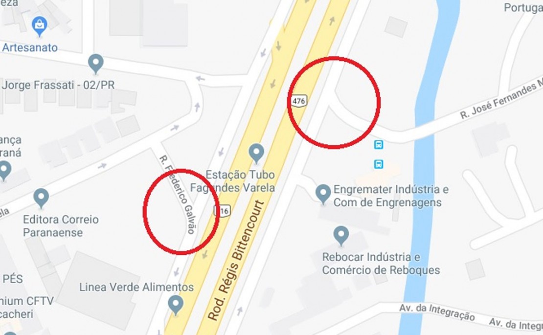 Mudanças permitirão fazer a ligação no trânsito entre ruas dos dois lados da BR-476 (Linha Verde). Sinaleiros já estão em ação. Foto: Divulgação/Google