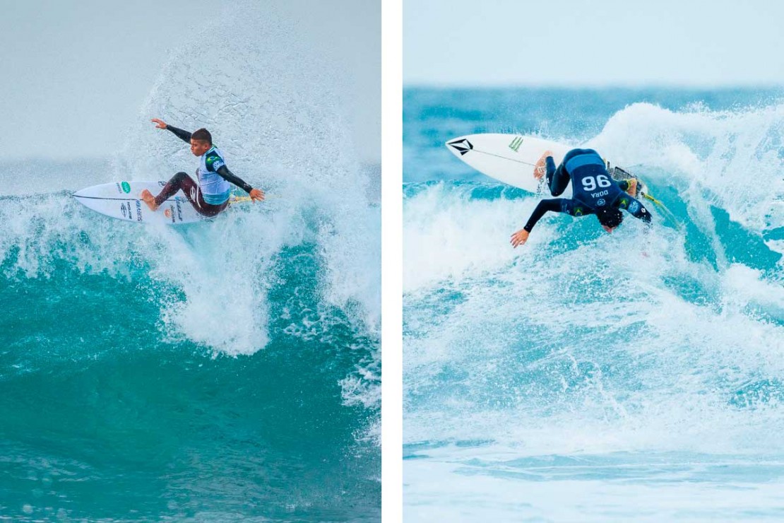 Peterson Crisanto nasceu e mora em Matinhos-PR, já Yago Dora nasceu em Curitiba, mas mudou-se para Florianópolis aos 3 anos. Fotos: Matt Dunbar / WSL via Getty Images / Divulgação