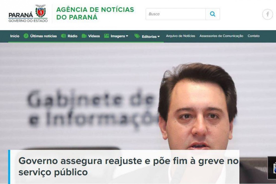 Capa da Agência Estadual de Notícias, do governo do Paraná, decretava fim da greve antes dos servidores receberem a proposta de reajuste. Foto: Reprodução