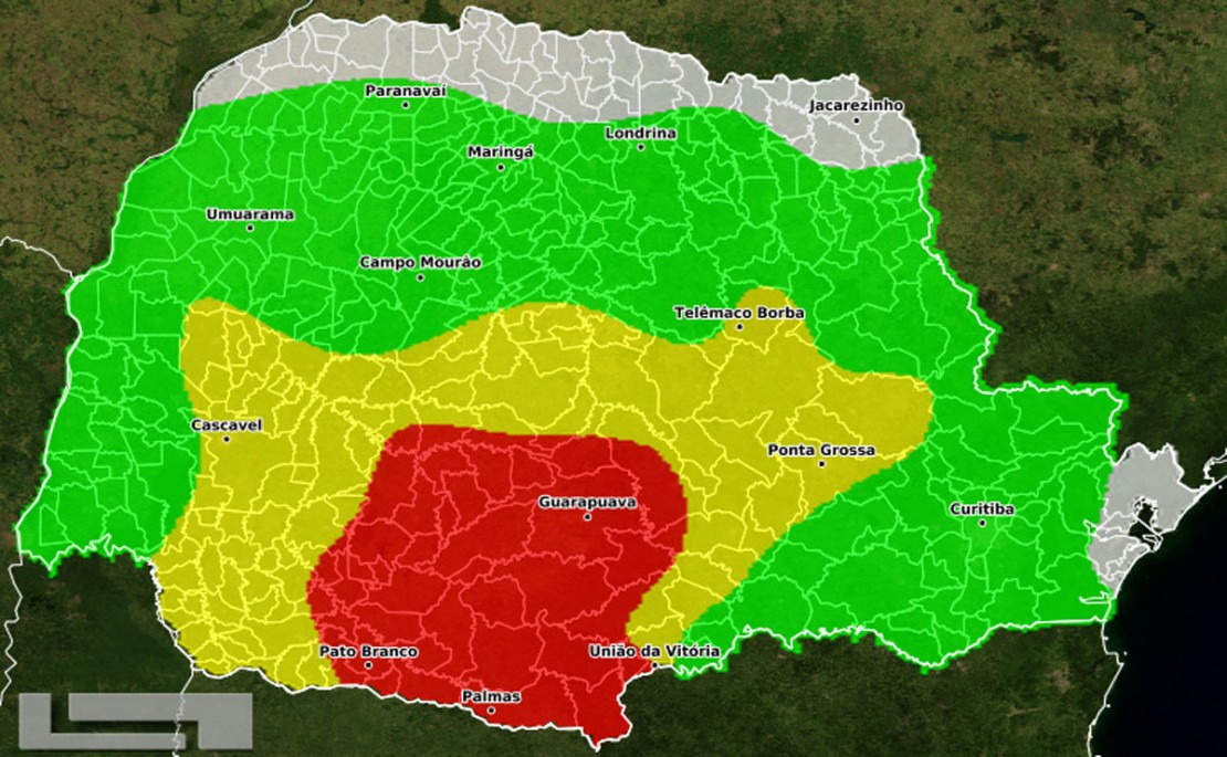 Mapa da geada para sábado mostra que grande parte do Paraná será afetada pelo fenômeno. Foto: Reprodução/Simepar.