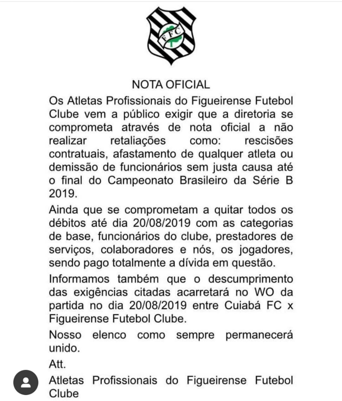 Nota oficial dos jogadores do Figueirense. Foto: Divulgação