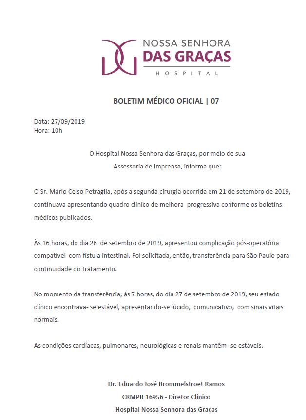 Boletim médico sobre o estado de saúde de Petraglia. Foto: Reprodução 