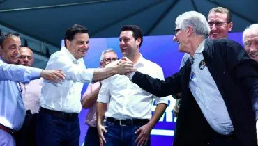 O candidato Sandro Alex (PSD) e o governador Ratinho Junior durante evento de campanha. Foto: Divulgação/PSD