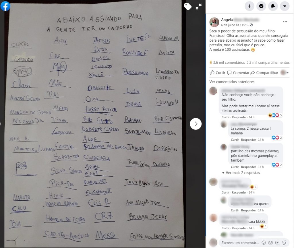 Menino de Curitiba faz abaixo-assinado com "assinaturas" de Anitta, Bolsonaro, Jesus e outros famosos para conseguir cachorro