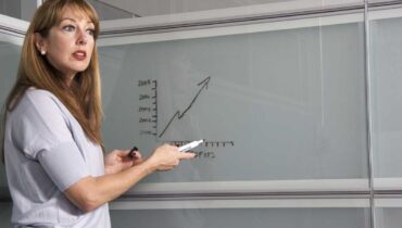 Professora mostra um gráfico aos alunos em sala de aula