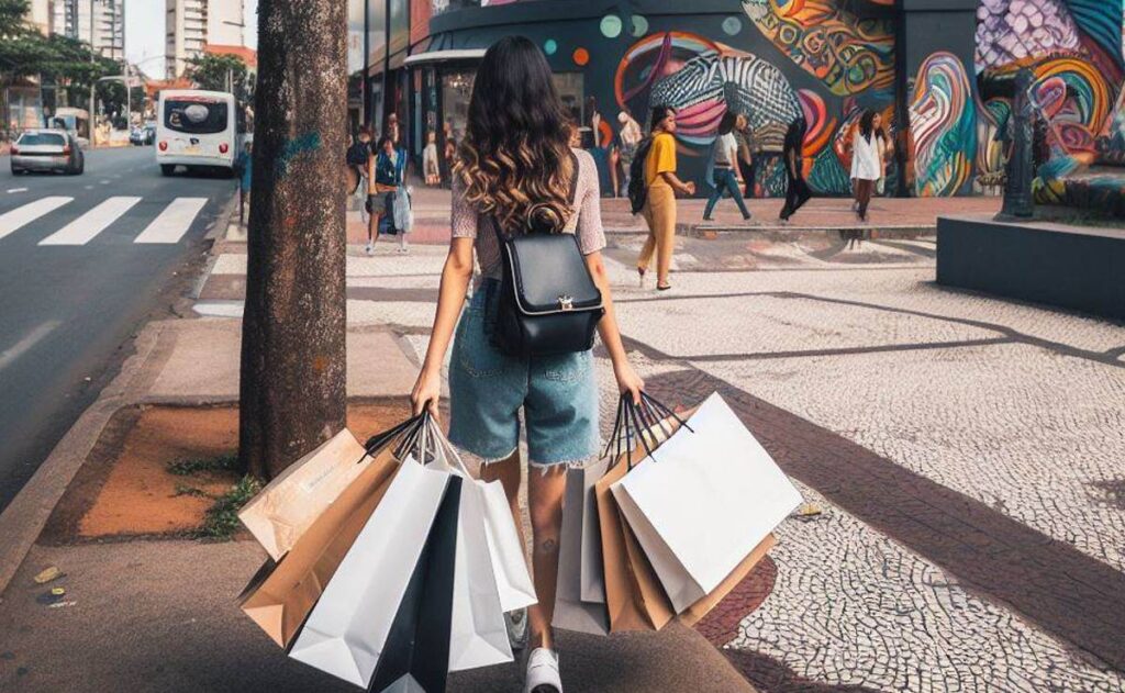 Imagem mostra uma mulher fazendo compras em uma cidade grande