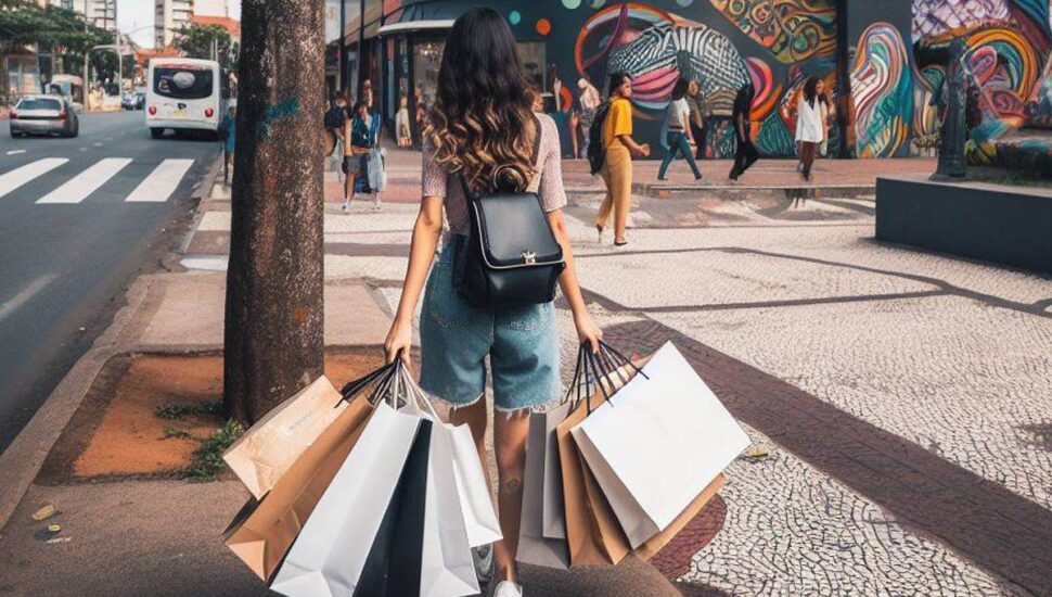 Imagem mostra uma mulher fazendo compras em uma cidade grande