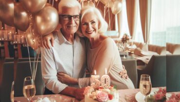 Imagem mostra um casal comemorando 50 anos de casamento.