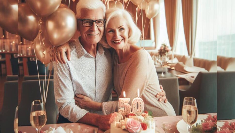 Imagem mostra um casal comemorando 50 anos de casamento.