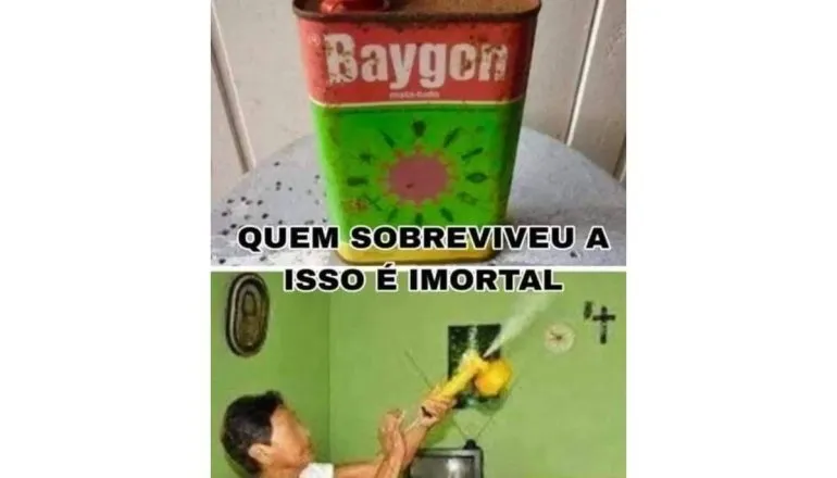 Imagem dividida ao meio mostra uma embalagem de inseticida em cima e a frase "quem sobreviveu a isso é imortal". Abaixo um homem aplicando com um borrifador.