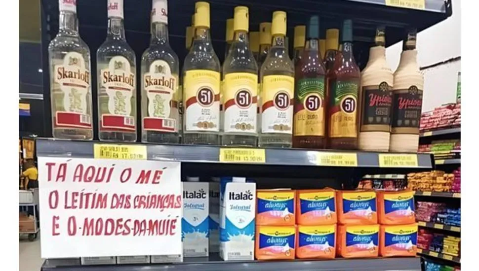 Imagem mostra uma prateleira de supermercado com a seguinte frase: Aqui tem o "mé", o leite das crianças e o absorvente da mulher.