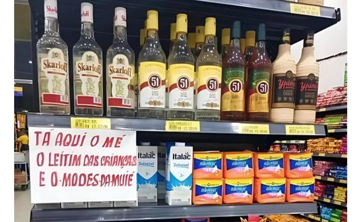 Imagem mostra uma prateleira de supermercado com a seguinte frase: Aqui tem o "mé", o leite das crianças e o absorvente da mulher.