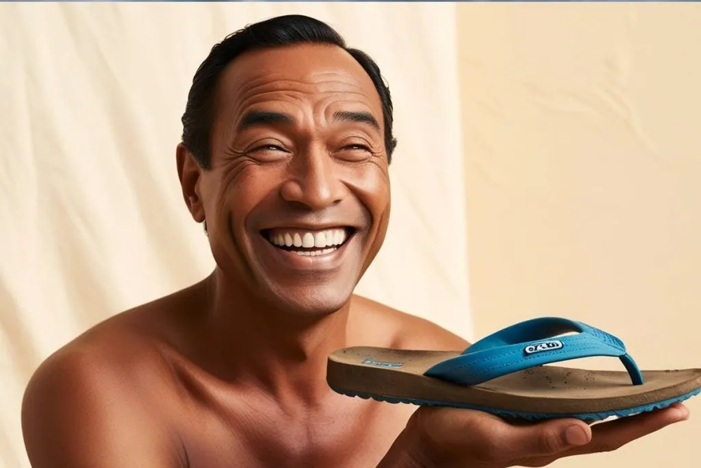 Imagem mostra um homem rindo com um chinelo na mão