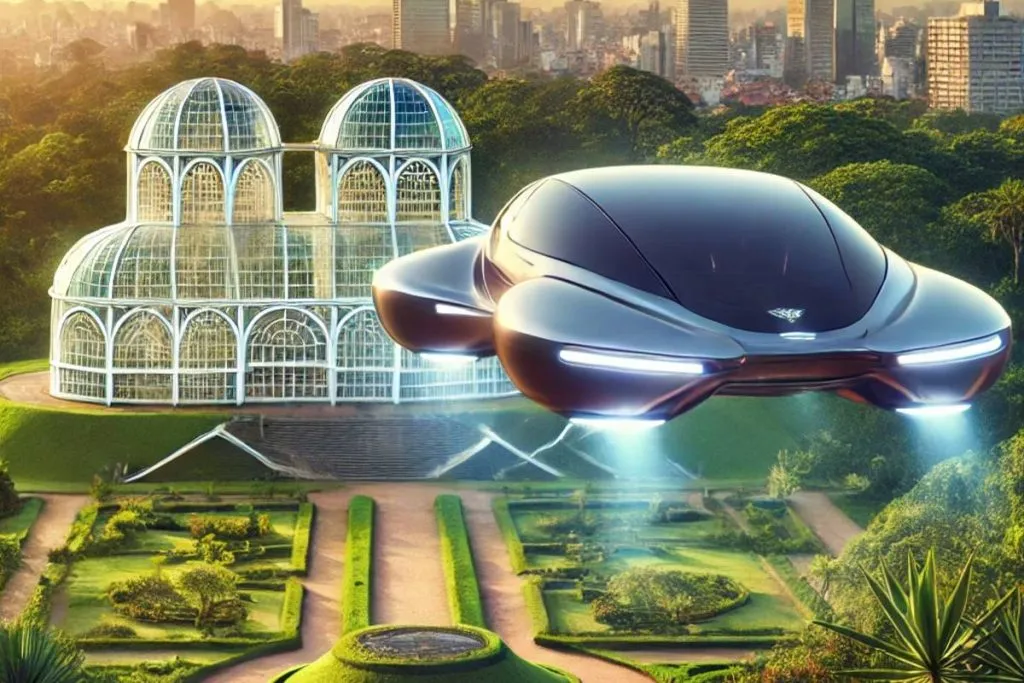 Imagem mostra um carro voador passeando pelo Jardim Botânico, em Curitiba.