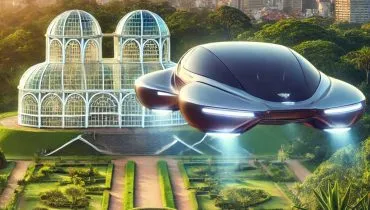 Imagem mostra um carro voador passeando pelo Jardim Botânico, em Curitiba.