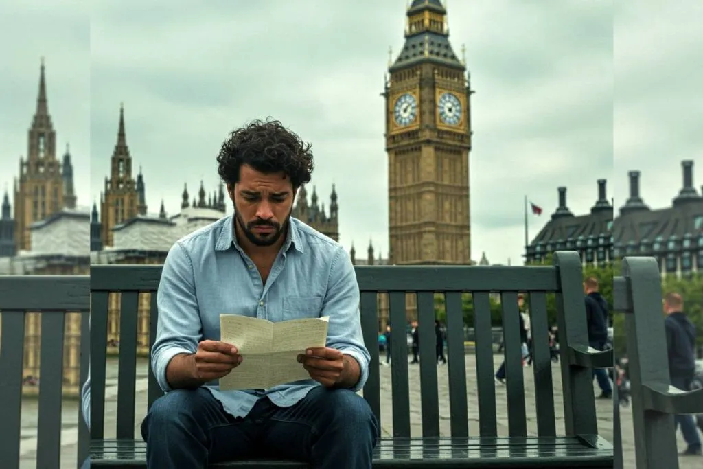 Imagem mostra um homem triste lendo uma carta em Londres.
