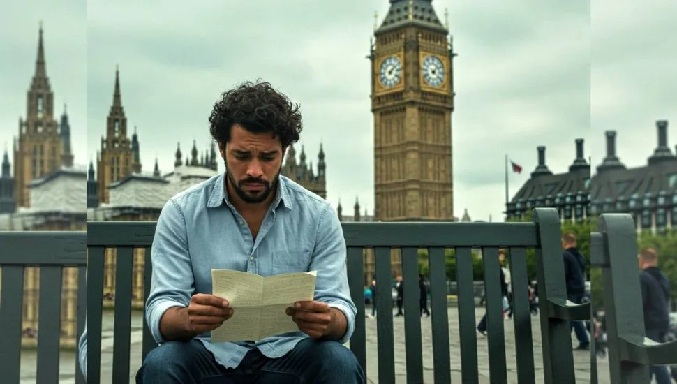 Imagem mostra um homem triste lendo uma carta em Londres.