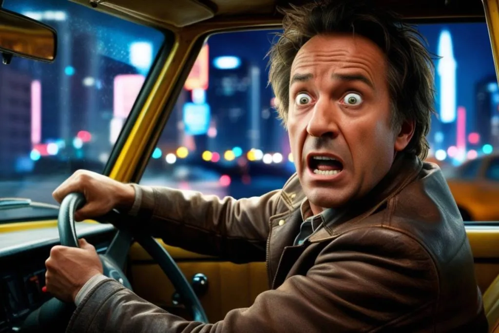 Imagem mostra um taxista assustado.