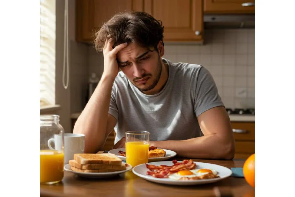 Imagem mostra um homem tomando um belo café da manhã em casa. Ele está com cara de ressaca e dor de cabeça.