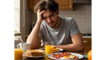 Imagem mostra um homem tomando um belo café da manhã em casa. Ele está com cara de ressaca e dor de cabeça.