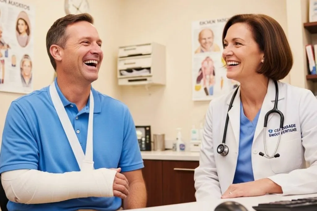 Imagem mostra um homem com o braço engessado conversando com uma médica. Ambos estão rindo.