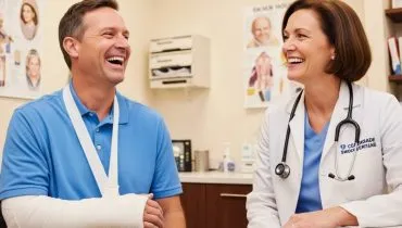 Imagem mostra um homem com o braço engessado conversando com uma médica. Ambos estão rindo.