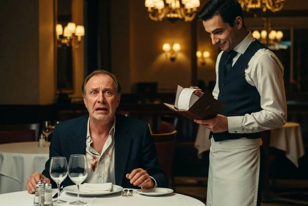 imagem de um cliente de um restaurante se assustando com a conta cara. A mesa está sem nenhum alimento e ele desesperado para pagar a conta.