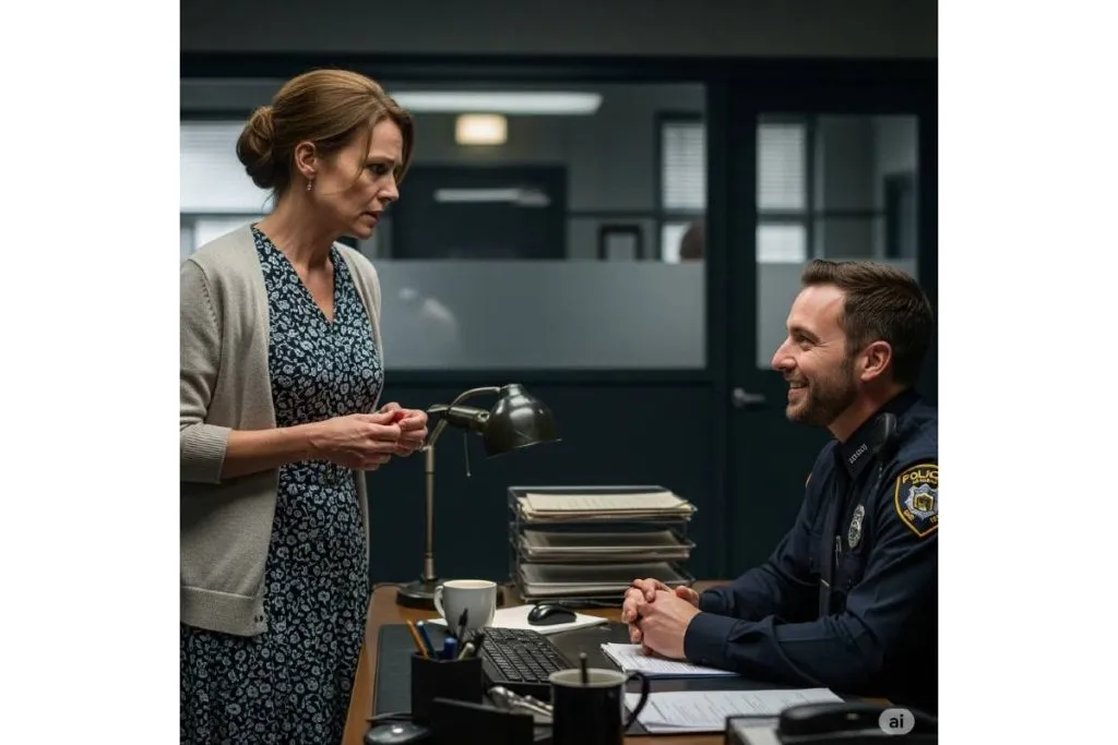 Imagem mostra uma mulher conversando com um delegado de polícia. Ela está nervosa e ele rindo.