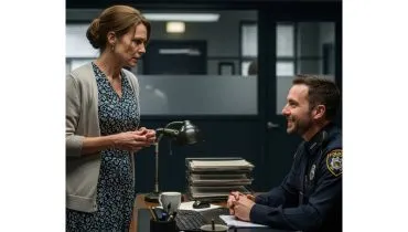 Imagem mostra uma mulher conversando com um delegado de polícia. Ela está nervosa e ele rindo.