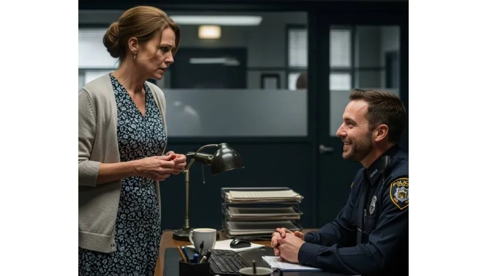 Imagem mostra uma mulher conversando com um delegado de polícia. Ela está nervosa e ele rindo.
