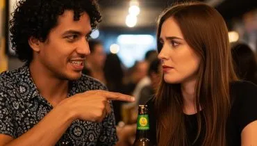 Imagem mostra um casal no bar. Ele está mostrando uma garrafa de cerveja para ela, que está com a cara fechada.
