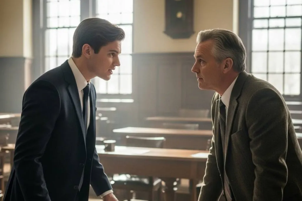 Imagem mostra um professor e um aluno conversando em uma faculdade.