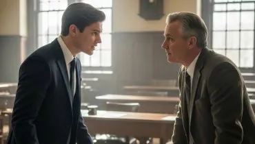 Imagem mostra um professor e um aluno conversando em uma faculdade.