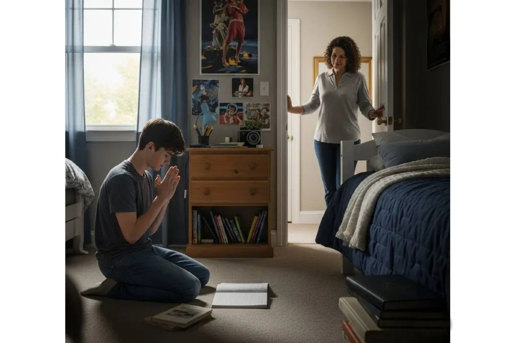 Imagem mostra um estudante rezando para ter ido bem numa prova da escola. Ele deve estar em casa, ajoelhado no quarto. Sua mãe está na porta perguntando se está tudo bem.