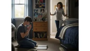 Imagem mostra um estudante rezando para ter ido bem numa prova da escola. Ele deve estar em casa, ajoelhado no quarto. Sua mãe está na porta perguntando se está tudo bem.