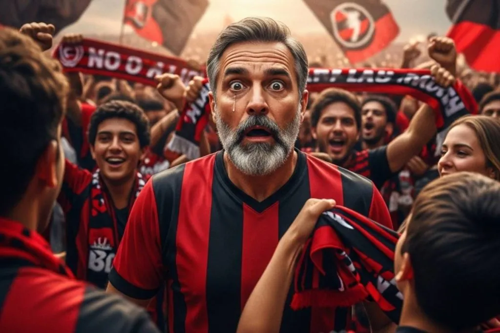 Imagem mostra um torcedor com cara de surpresa no meio da torcida de um time rubro regro