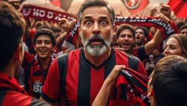 Imagem mostra um torcedor com cara de surpresa no meio da torcida de um time rubro regro