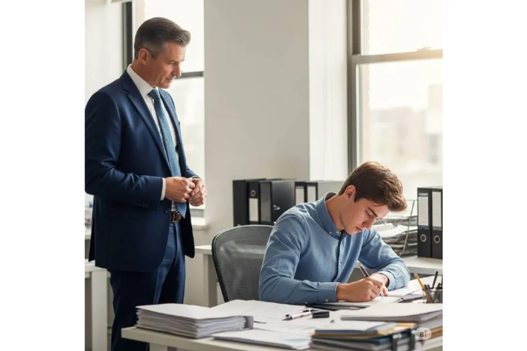 Imagem mostra um homem de terno olhando um rapaz trabalhando em uma mesa cheia de papel