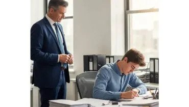 Imagem mostra um homem de terno olhando um rapaz trabalhando em uma mesa cheia de papel